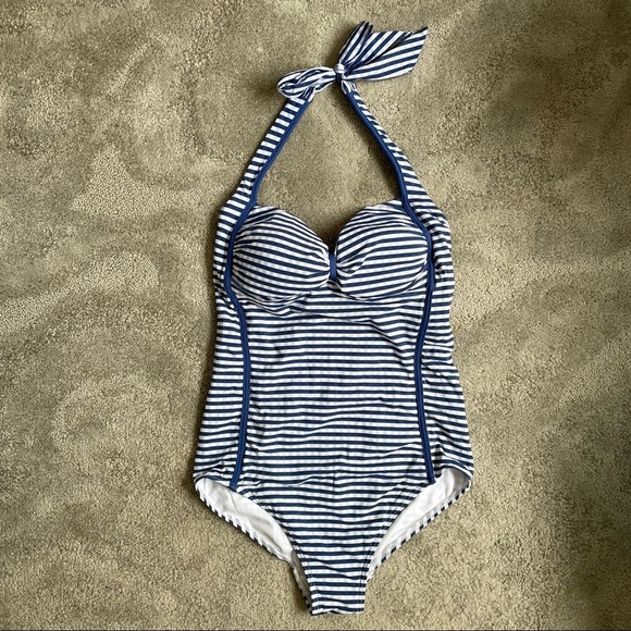 Seafolly Blue White Stipe Check Lucia Halter Maillot One Piece Swimsuit EUC Sz 6 - Picture 4 of 9